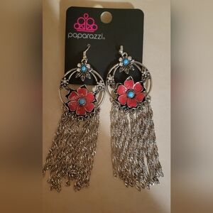 Paparazzi Red and Silver Floral Dangle Earrings